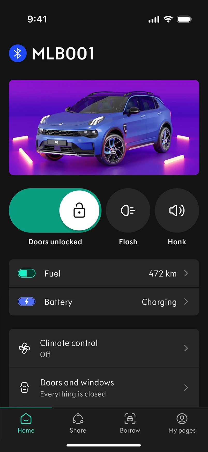 Lynk & Co app — home screen